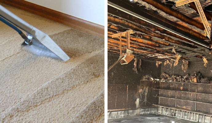 Collage of carpet cleaning and fire damaged house