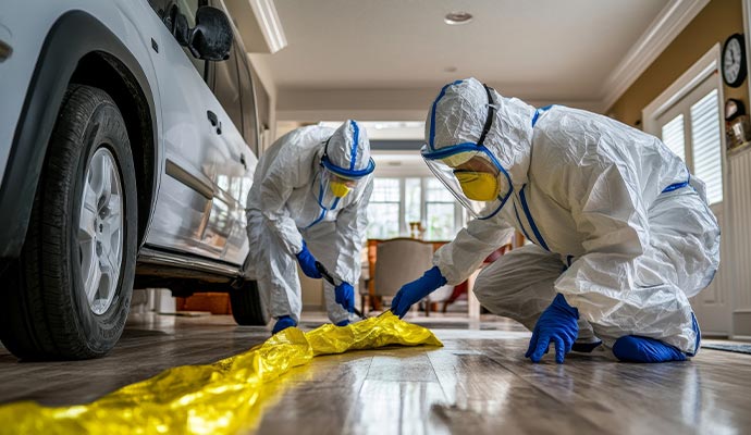 Trauma and biohazard cleanup team Cleanup crew in HAZMAT suits.