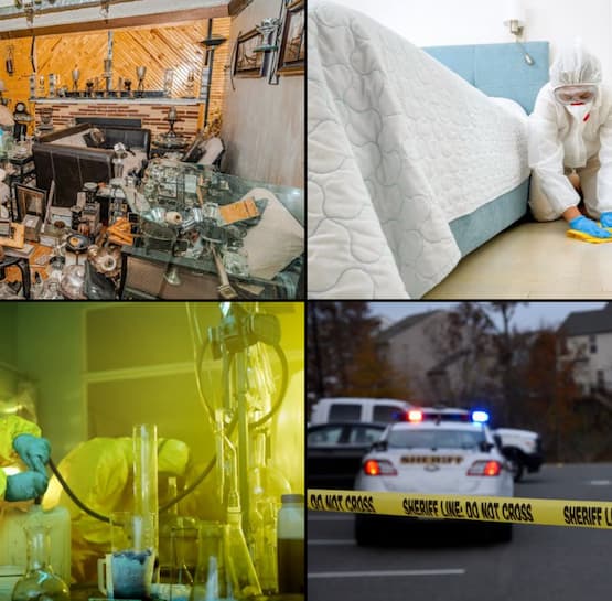 Collage of hoarding scenes, blood, drug labs, and accident cleanup service Collage of hoarding scenes, blood, drug labs, and accident cleanup service