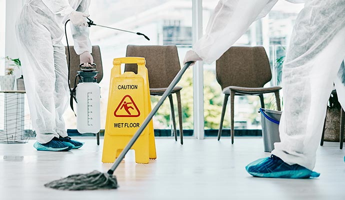 Commercial disinfection services Workers in HAZMAT suits disinfecting an office.