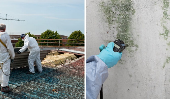Collage of asbestos abatement cleaning and moisture testing Collage of asbestos abatement cleaning and moisture testing