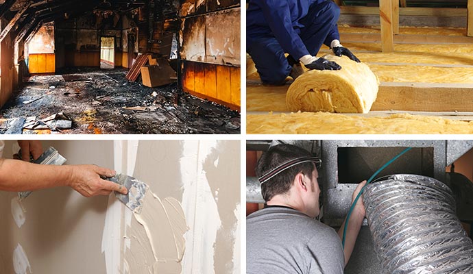 Collage of fire damage, insulation, drywall repair and HVAC system cleaning Collage of fire damage, insulation, drywall repair and HVAC system cleaning