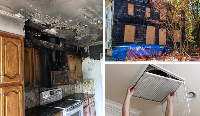 Collage of soot damage, board-up service, and duct cleaning Collage of soot damage, board-up service, and duct cleaning