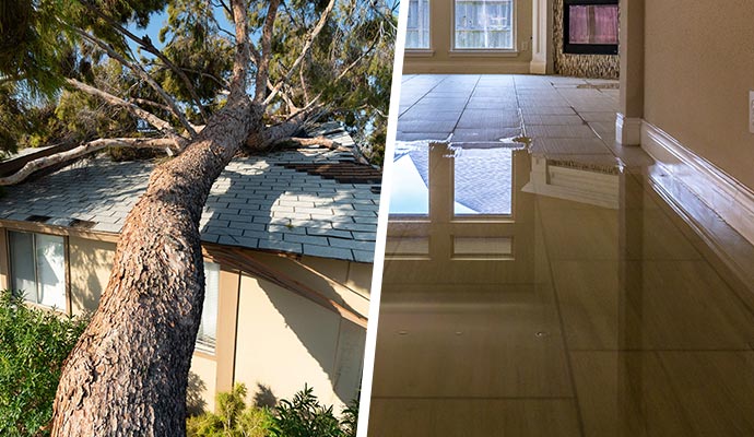 Collage of storm and flood damaged property Collage of storm and flood damaged property