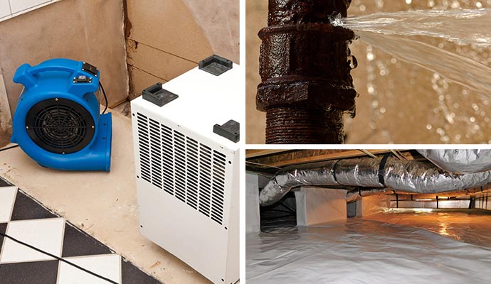 Collage of water damage extraction, burst water pipe and crawl space encapsulation Collage of water damage extraction, burst water pipe and crawl space encapsulation