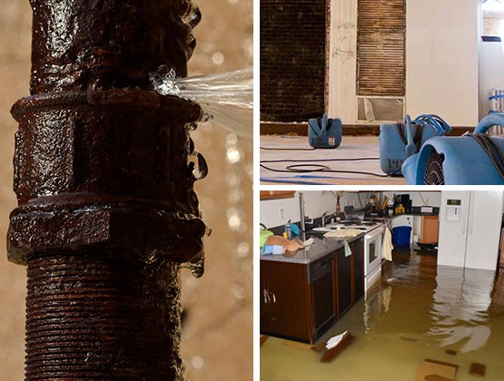 Collage of water pipe break, water extraction, and flood damage restoration Collage of water pipe break, water extraction, and flood damage restoration