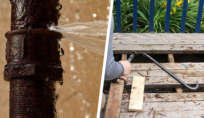 Collage of leaked water pipe and rotten wood.