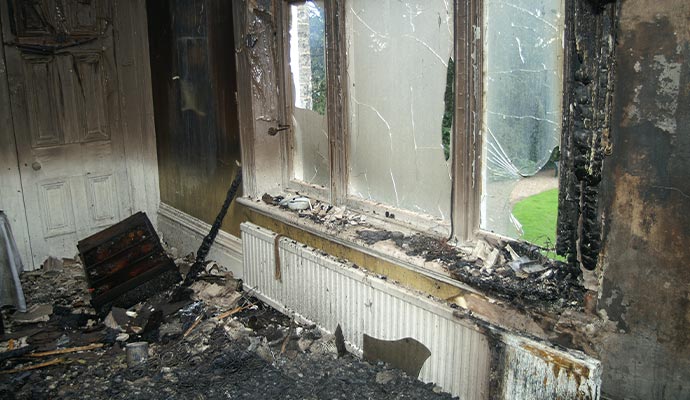 Fire damaged room.