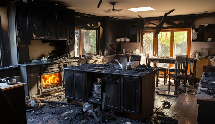 Fire damaged kitchen room