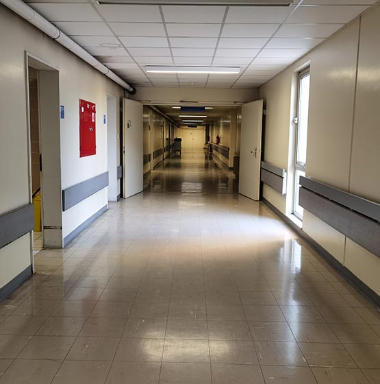 Hospital corridor A long hospital hallway.