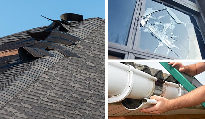 collage of roof window and gutter damage