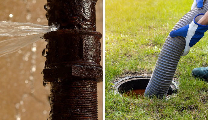 Collage of broken water pipe and sewage backup