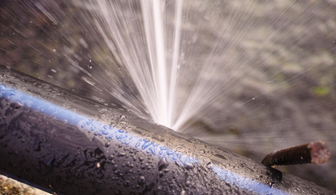 A leaking black pipe with water escaping from a crack