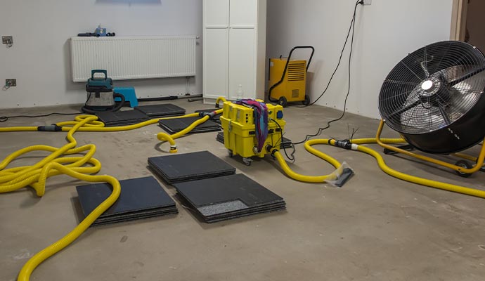 Equipment for water damage restoration in a room